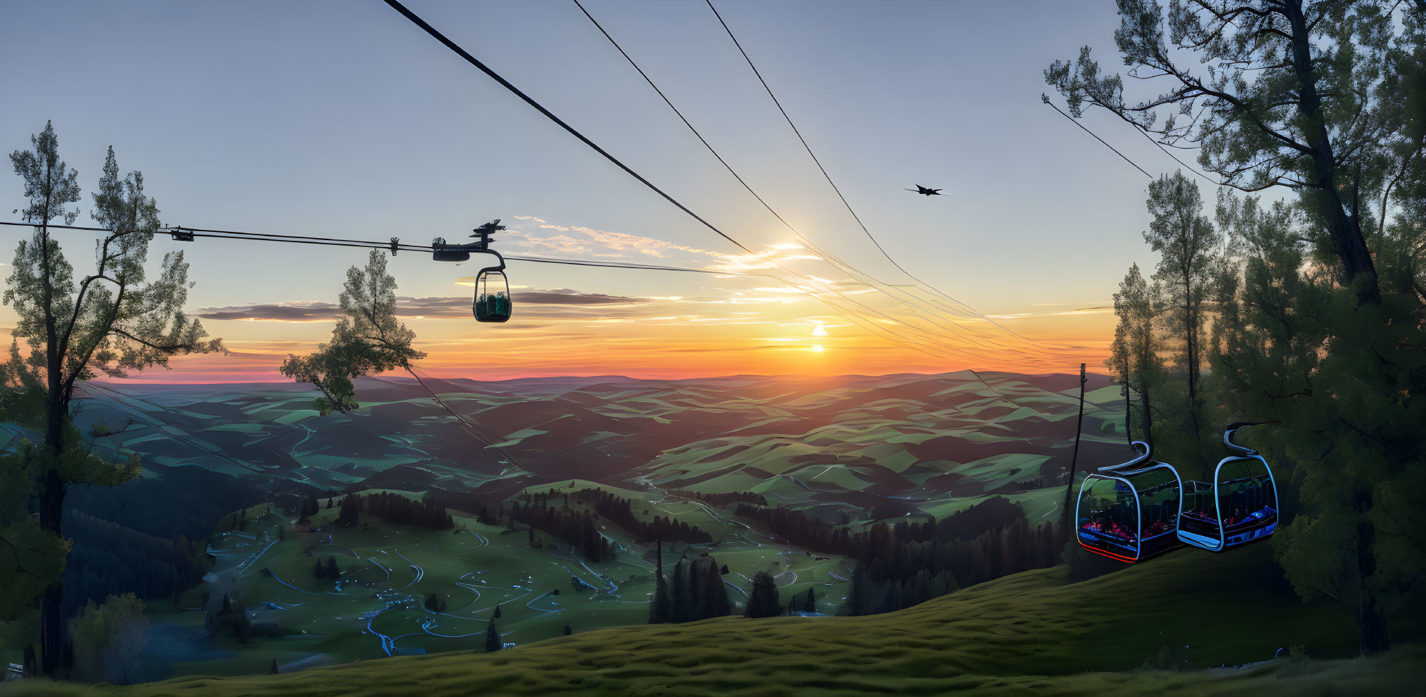 Sunset landscape with cable car, green hills, and distant airplane.