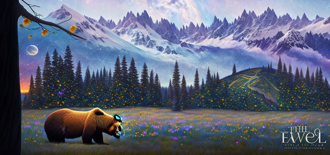 Bear in flower-filled meadow with snowy mountains in twilight