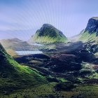 Futuristic structure in alien landscape with towering mountains