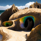 Surreal beach scene with swirling structures and sunbathers