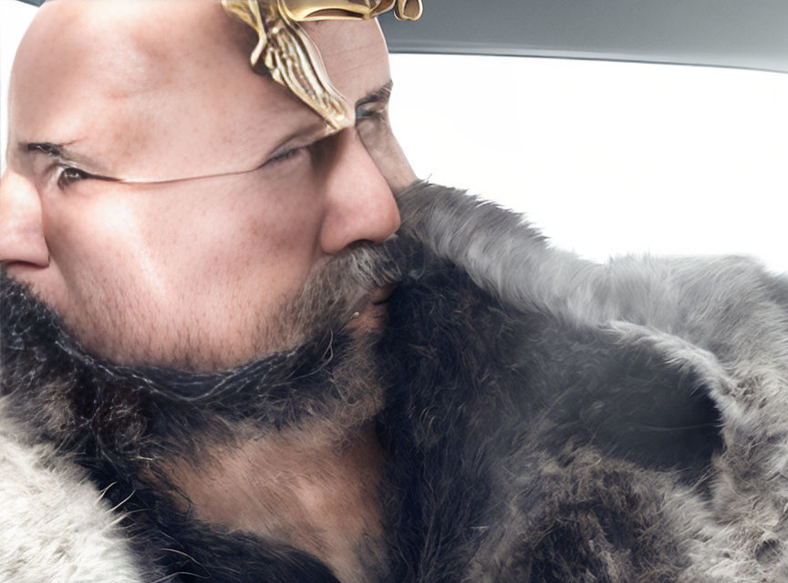 Man with Beard Wearing Fur and Crown in Close-up