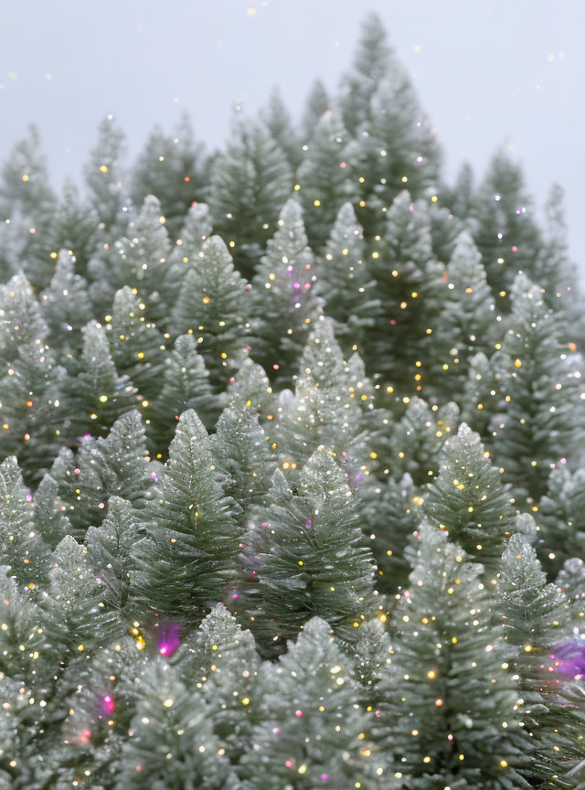 Twinkling multicolored lights on snow-covered evergreen trees