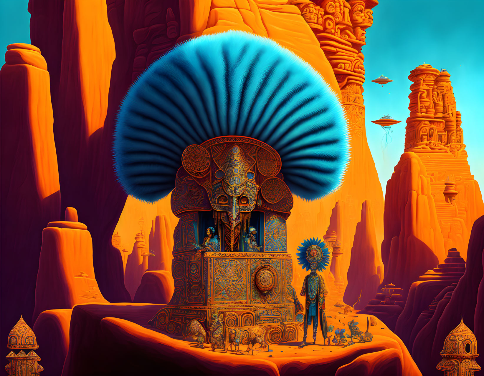 Person beside ornate blue mushroom in desert with orange rocks and UFOs