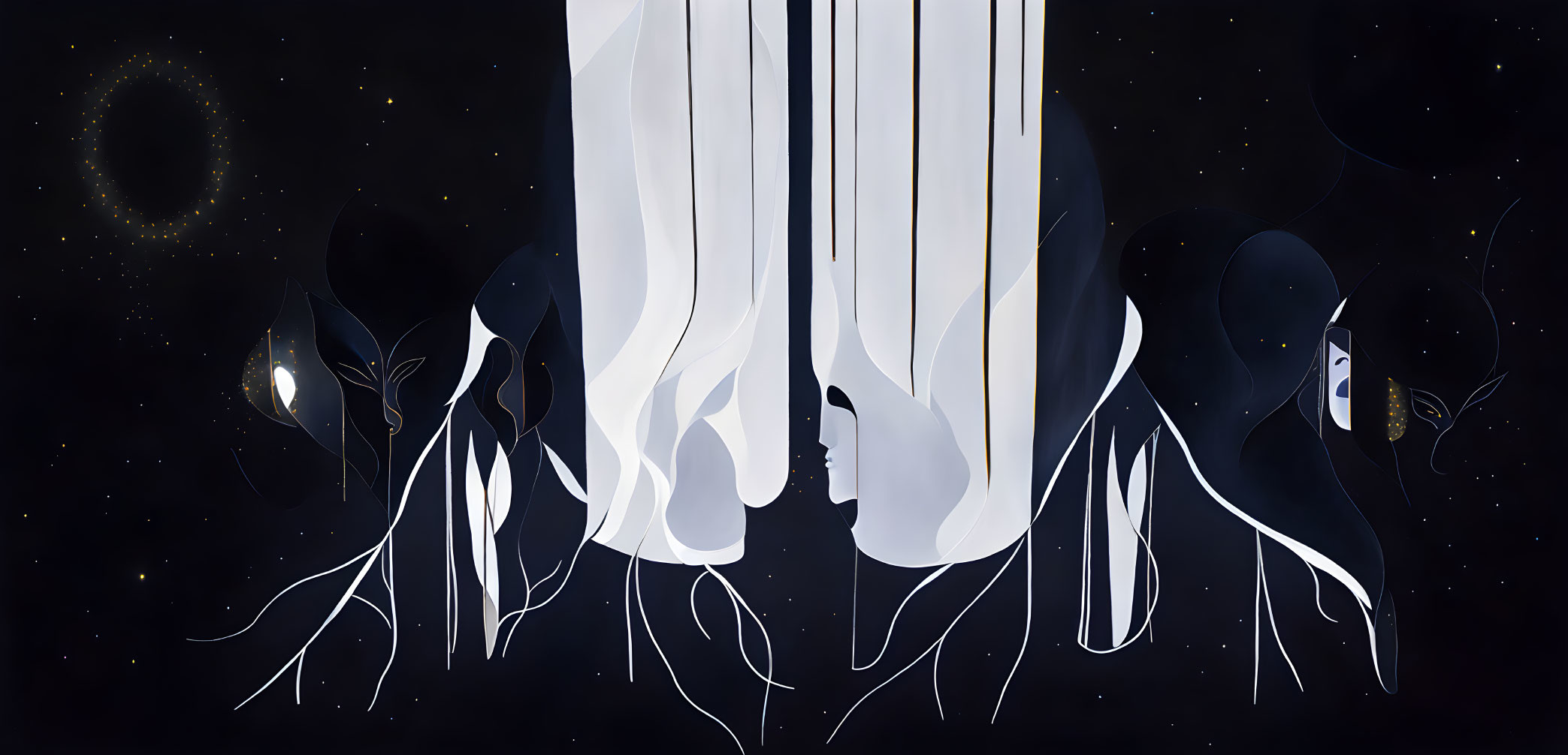 Stylized digital art: White figures in dark, starry setting