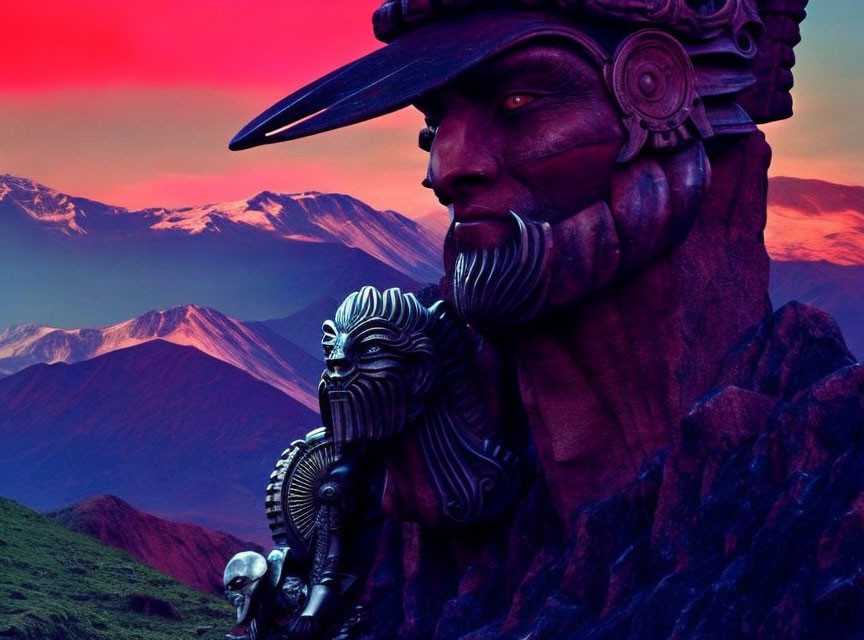 Massive stone warrior head with helmet in surreal landscape