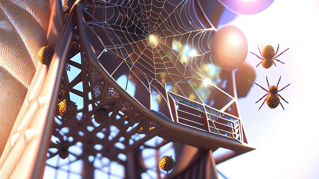 Eiffel Tower with spider webs and fantastical spiders in ethereal light