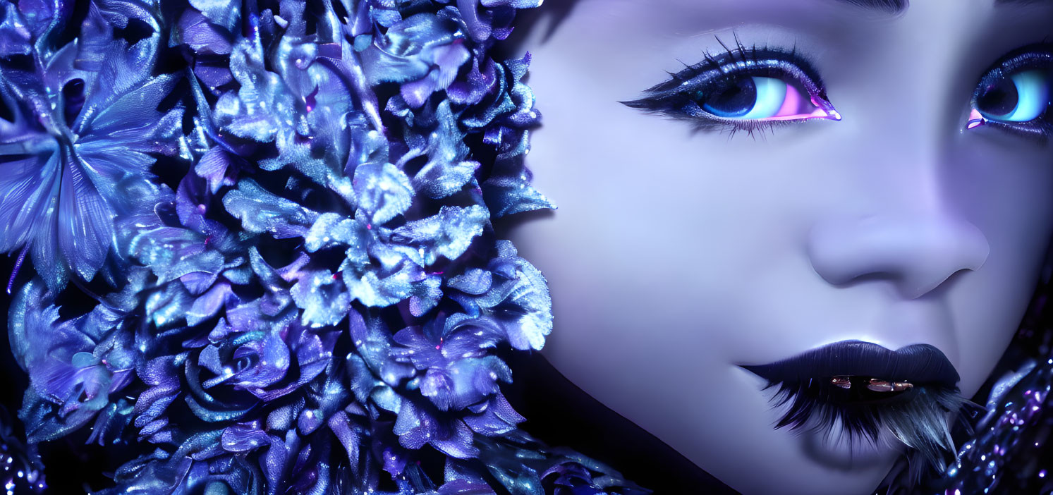 Surreal blue-toned female figure with floral adornments and violet eyes.