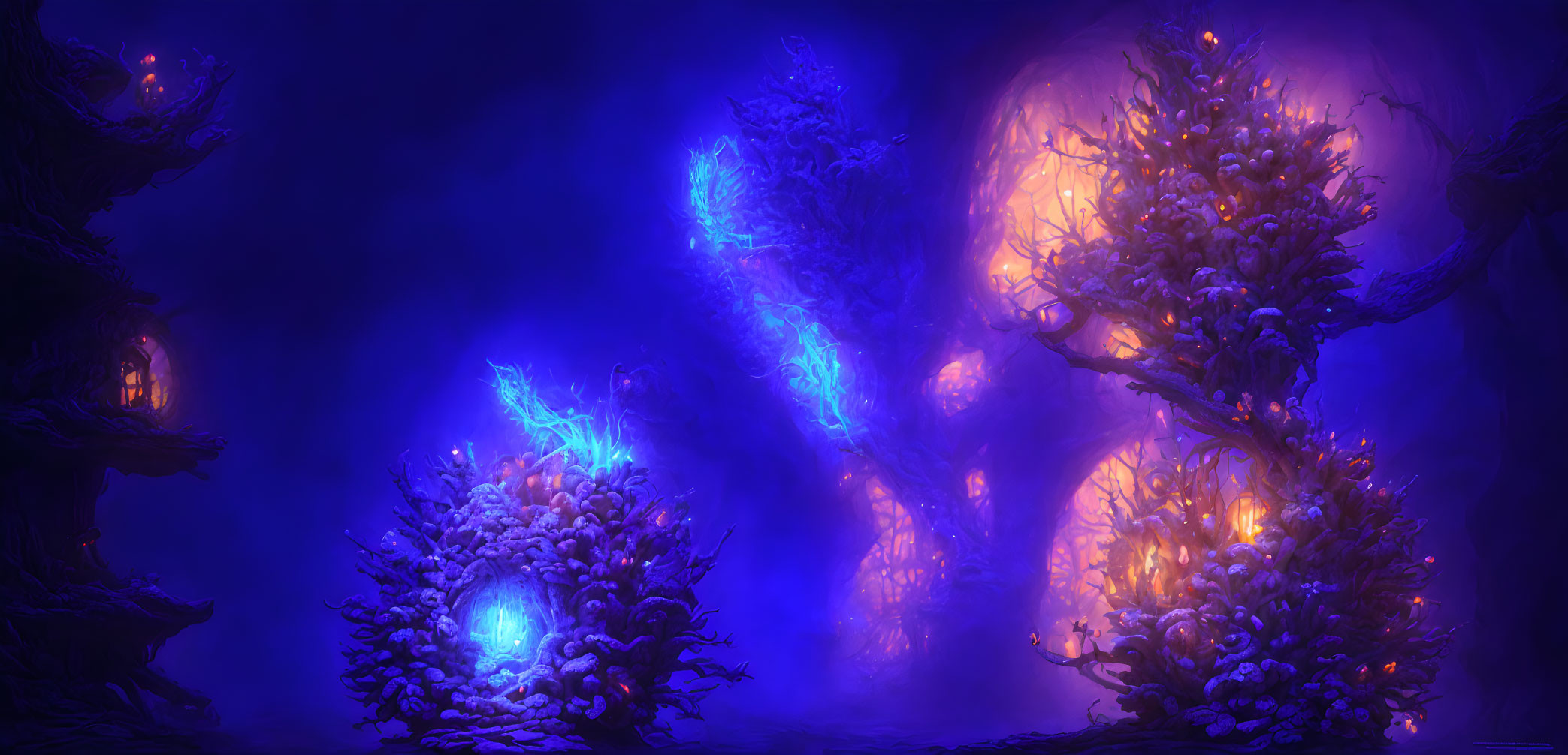 Mystical forest scene at night with glowing blue and orange lights