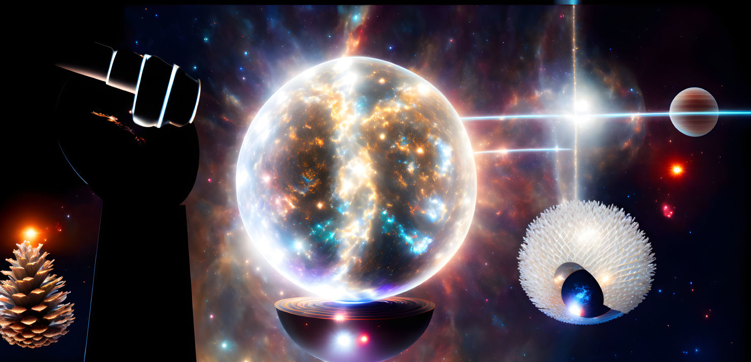 Surreal cosmic scene with robotic hand, glowing orb, pine cone, planets, and nebula