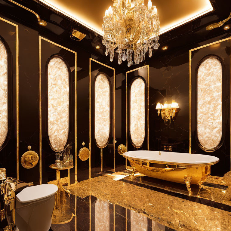 Luxurious Black and Gold Bathroom with Alabaster Panels and Chandelier