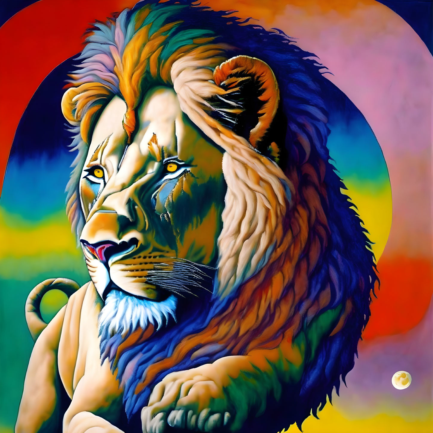 Vibrant lion painting with colorful abstract background