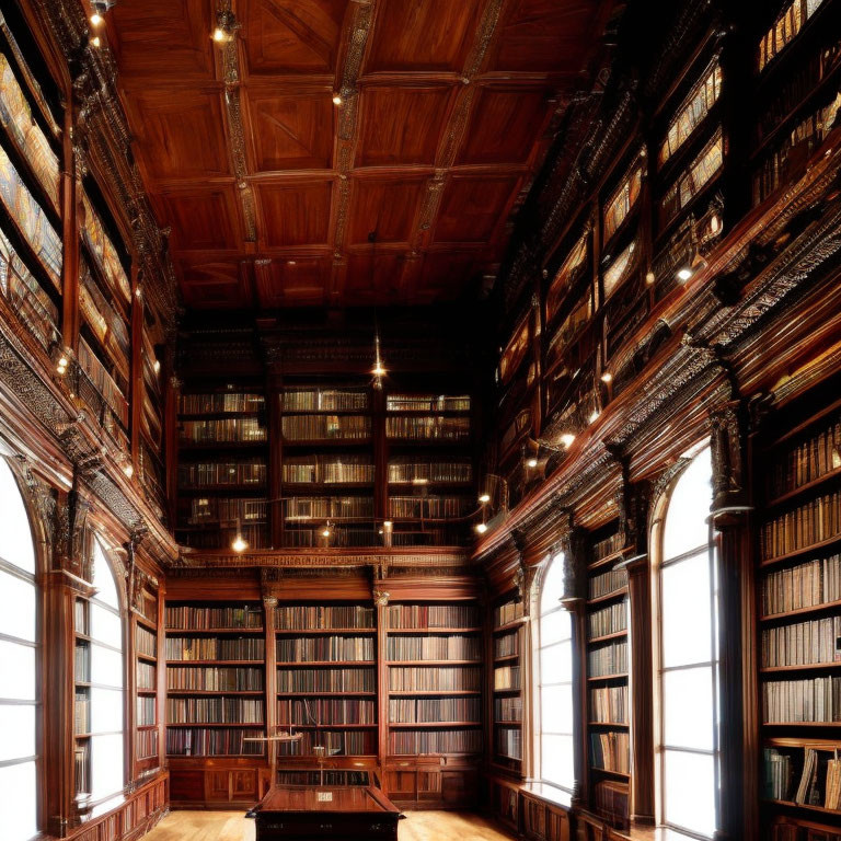 Spacious library room with tall wooden bookshelves and ambient lighting