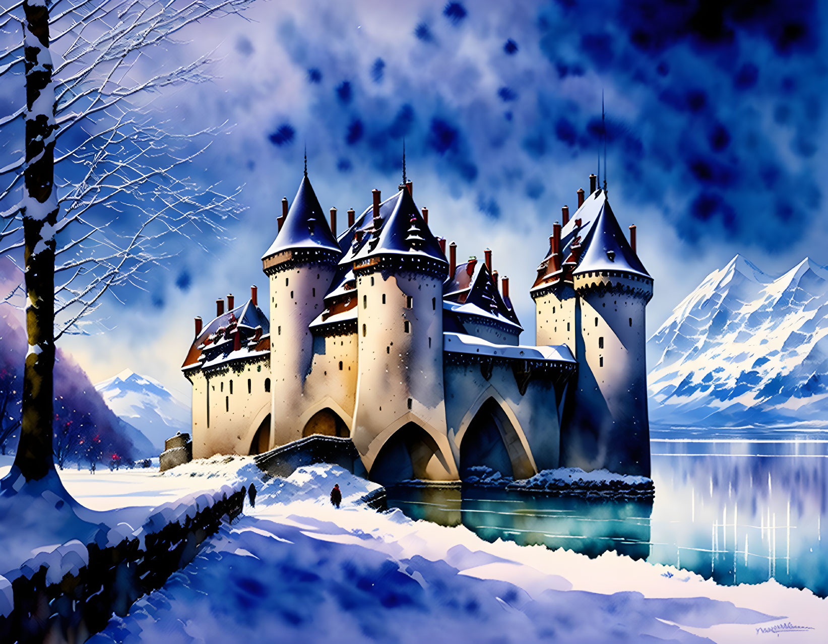 Majestic castle in serene winter landscape with snowy mountains and icy blue lake