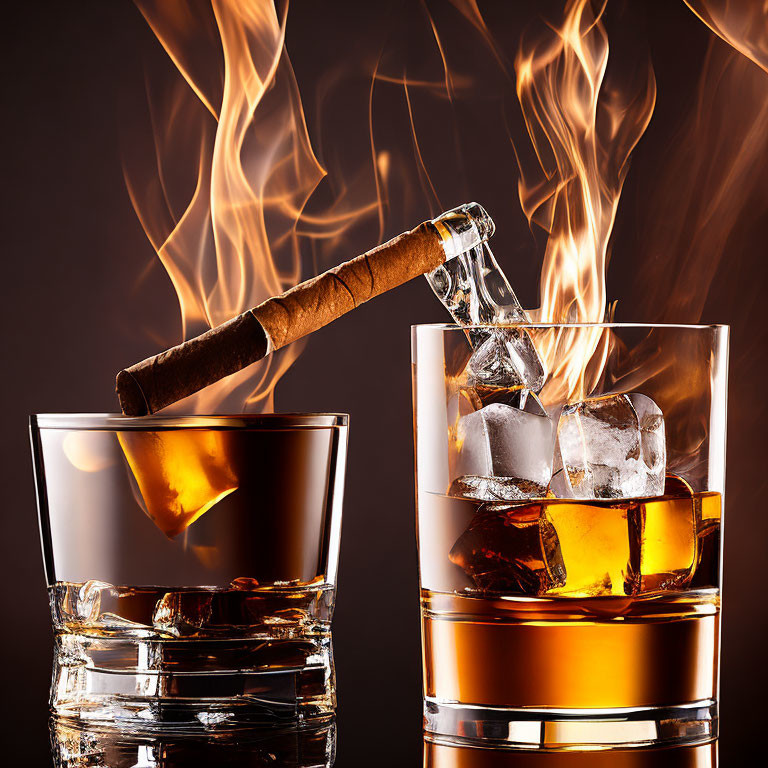 Whiskey glasses with ice, splashing, and lit cigar in luxurious setting