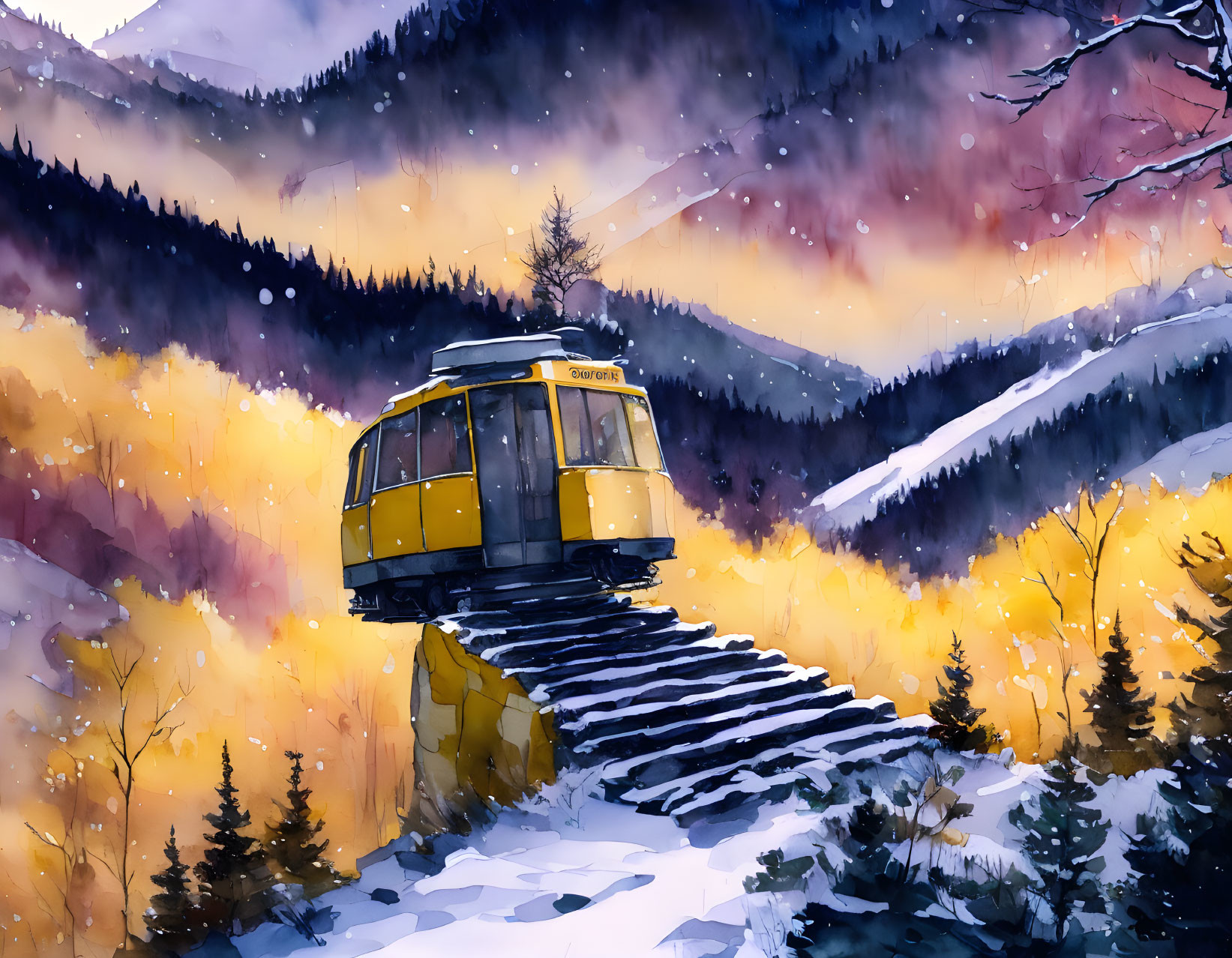 Yellow Cable Car Ascending Mountain Amid Snowy Trees & Foliage