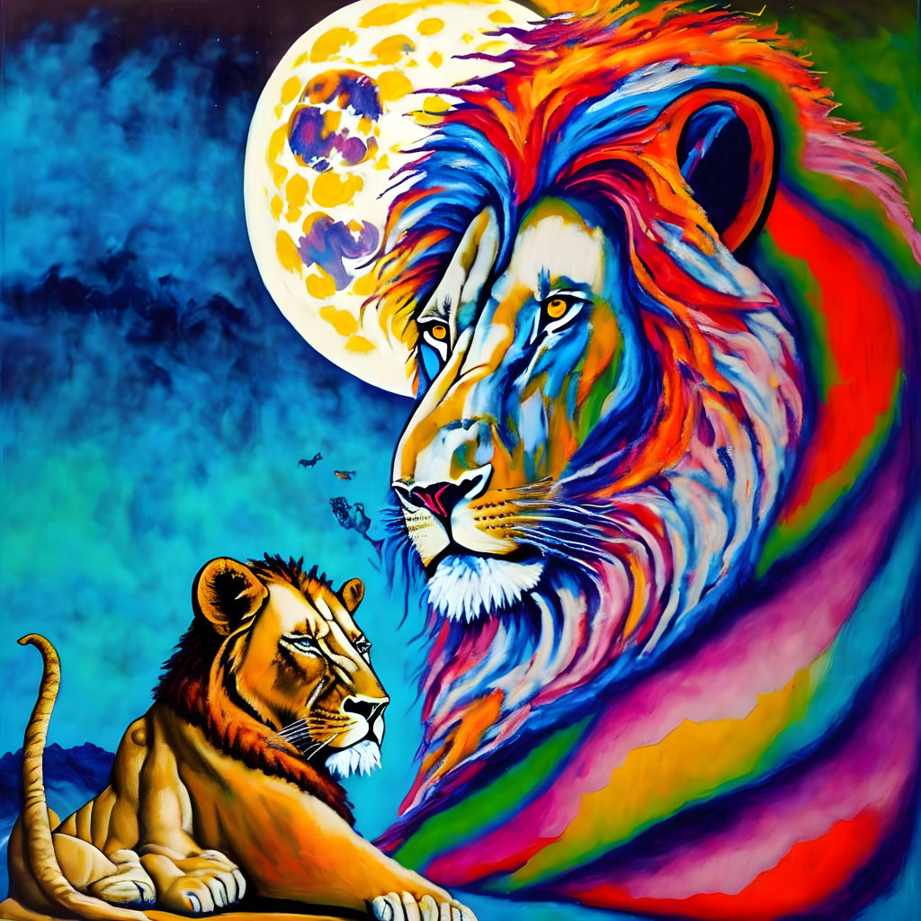 Colorful painting of majestic lion with rainbow mane and cub under full moon