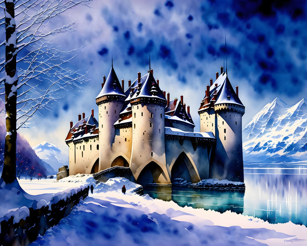 Majestic castle in serene winter landscape with snowy mountains and icy blue lake
