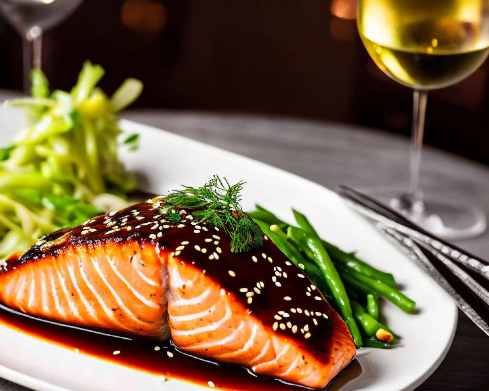 Grilled Salmon Fillet with Glaze, Dill, Sesame Seeds, Green Beans, Salad