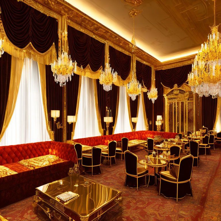 Luxurious Red and Gold Room Decor with Ornate Chandeliers