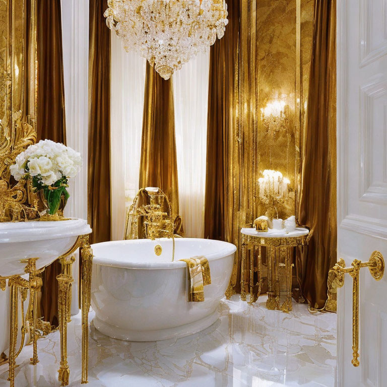 Luxurious White and Gold Bathroom with Freestanding Tub and Marble Floors