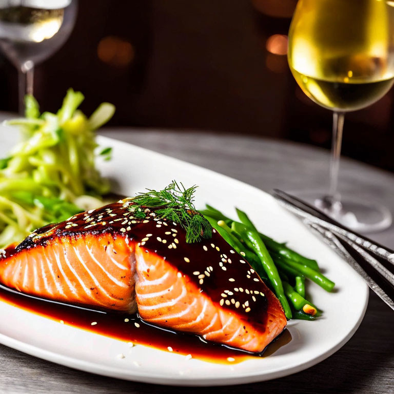 Grilled Salmon Fillet with Glaze, Dill, Sesame Seeds, Green Beans, Salad