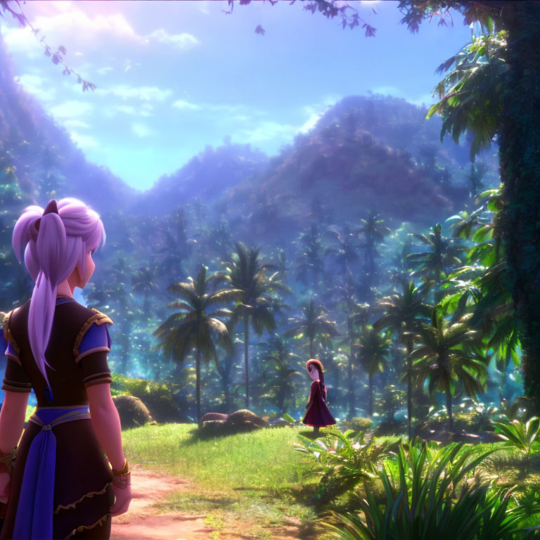 Animated scene: Purple-haired character observes another in lush forest