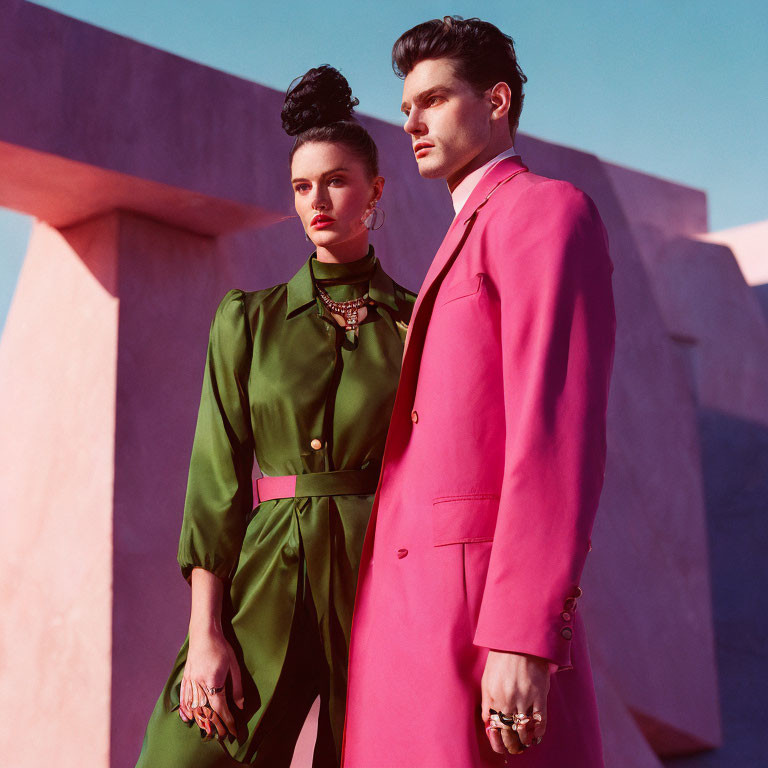 Models in Vibrant Green and Pink Outfits Against Bold Architectural Background