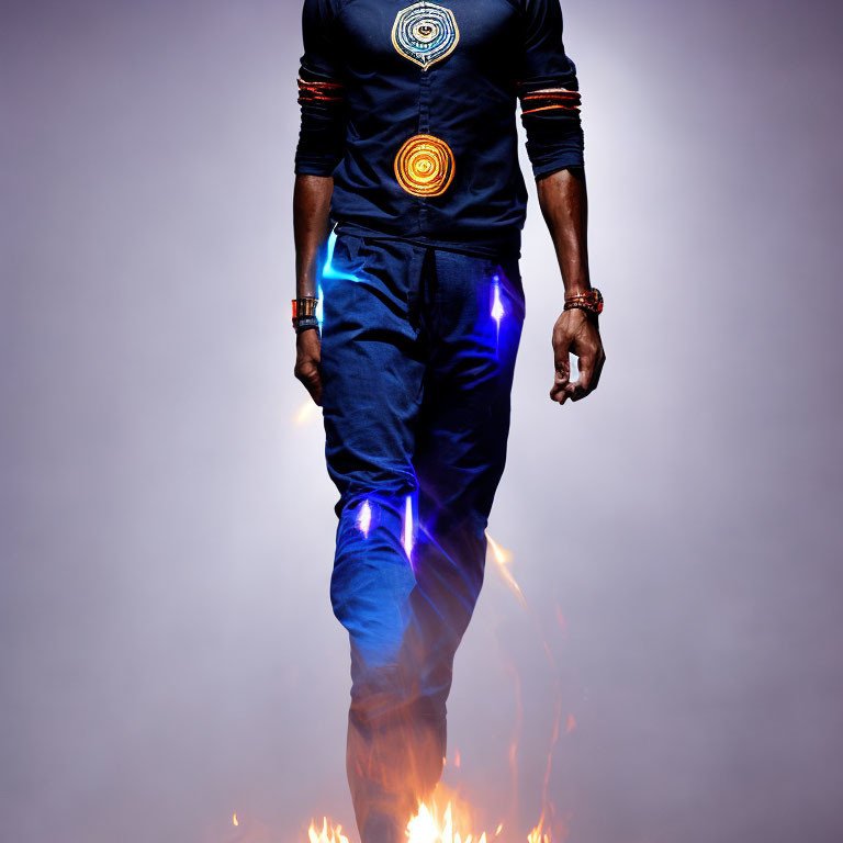 Futuristic figure in glowing outfit with fire on gradient backdrop