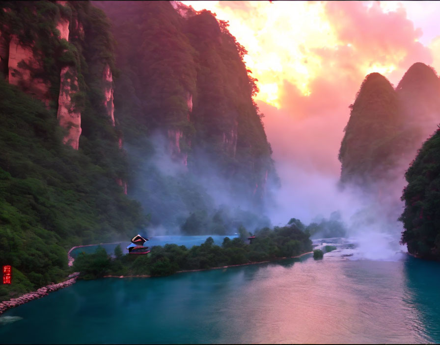 Tranquil river in misty valley with steep green cliffs under orange sunset.