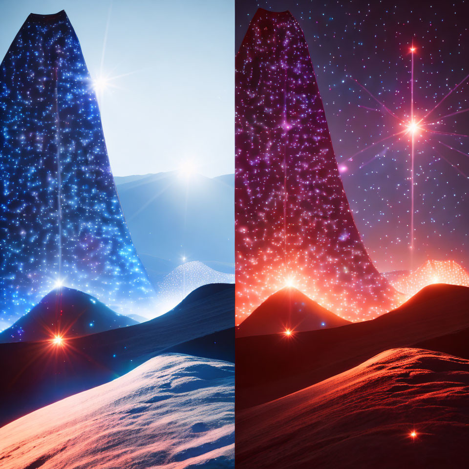 Fantasy Landscapes with Star-Filled Monoliths and Radiant Light Flares