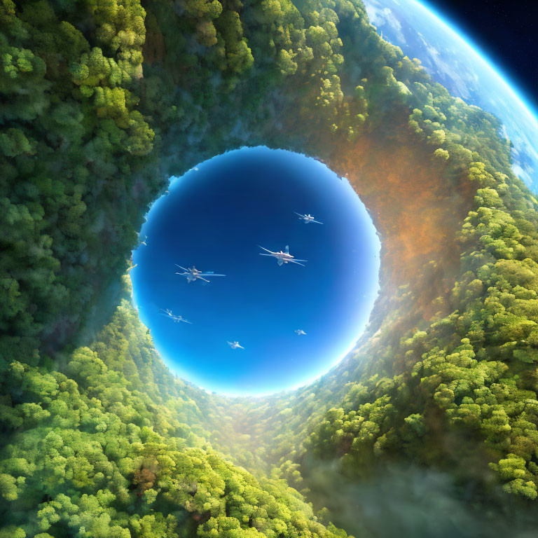 Surreal forest surrounding circular void with Earth's atmosphere and planes.