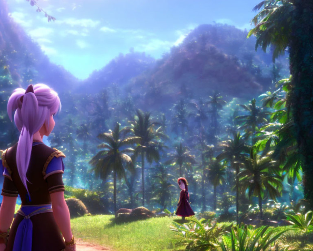 Animated scene: Purple-haired character observes another in lush forest