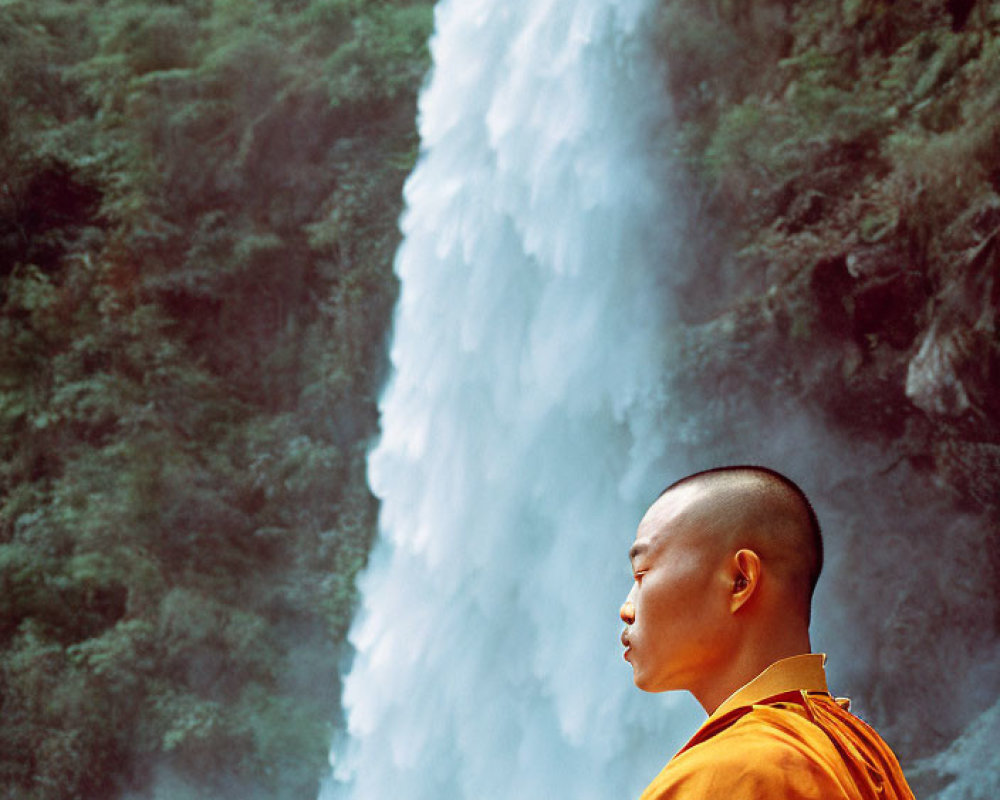 Orange-robed monk meditating by lush waterfall and cliffs