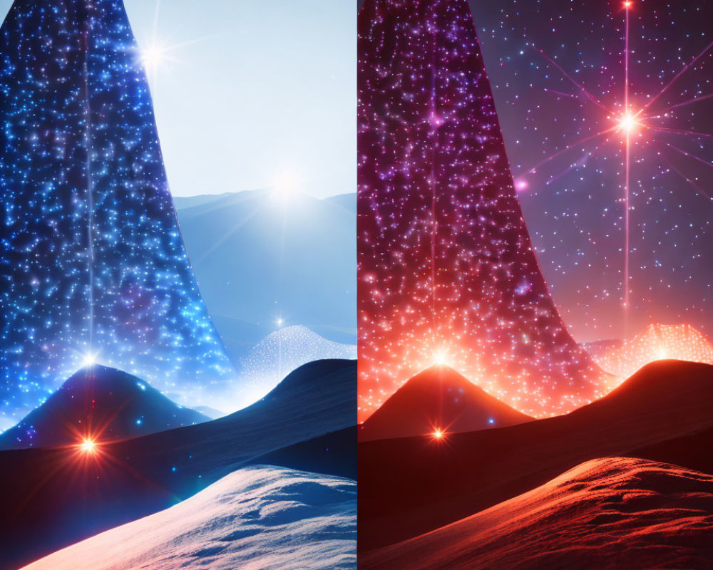 Fantasy Landscapes with Star-Filled Monoliths and Radiant Light Flares