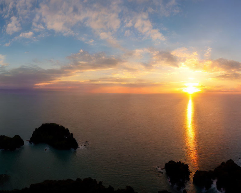 Calm ocean sunset with scattered islands and golden sun reflection