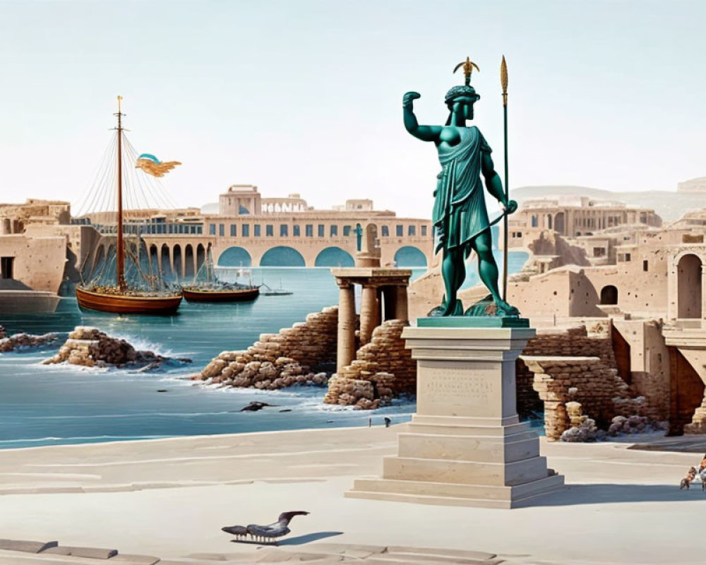 Ancient harbor with warrior statue, boats, and classical buildings