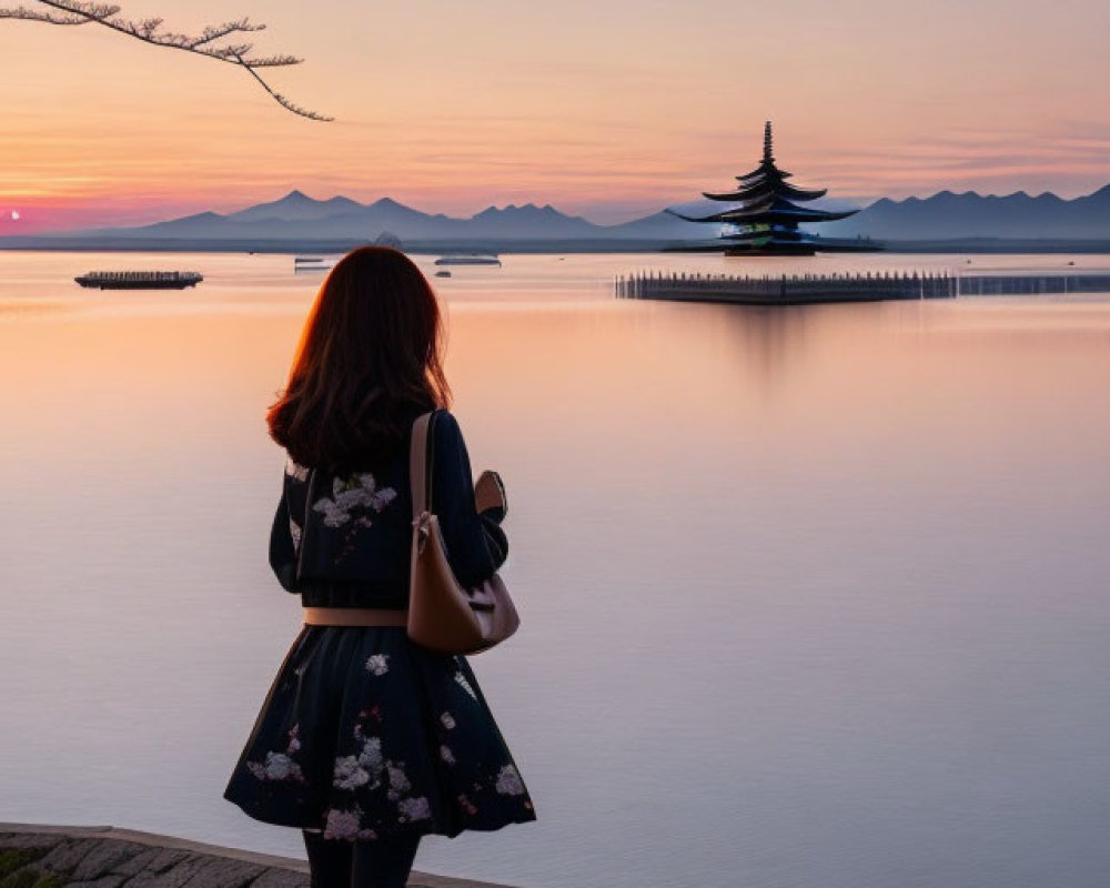 Woman admiring serene sunset over water with pagoda and mountains in distance