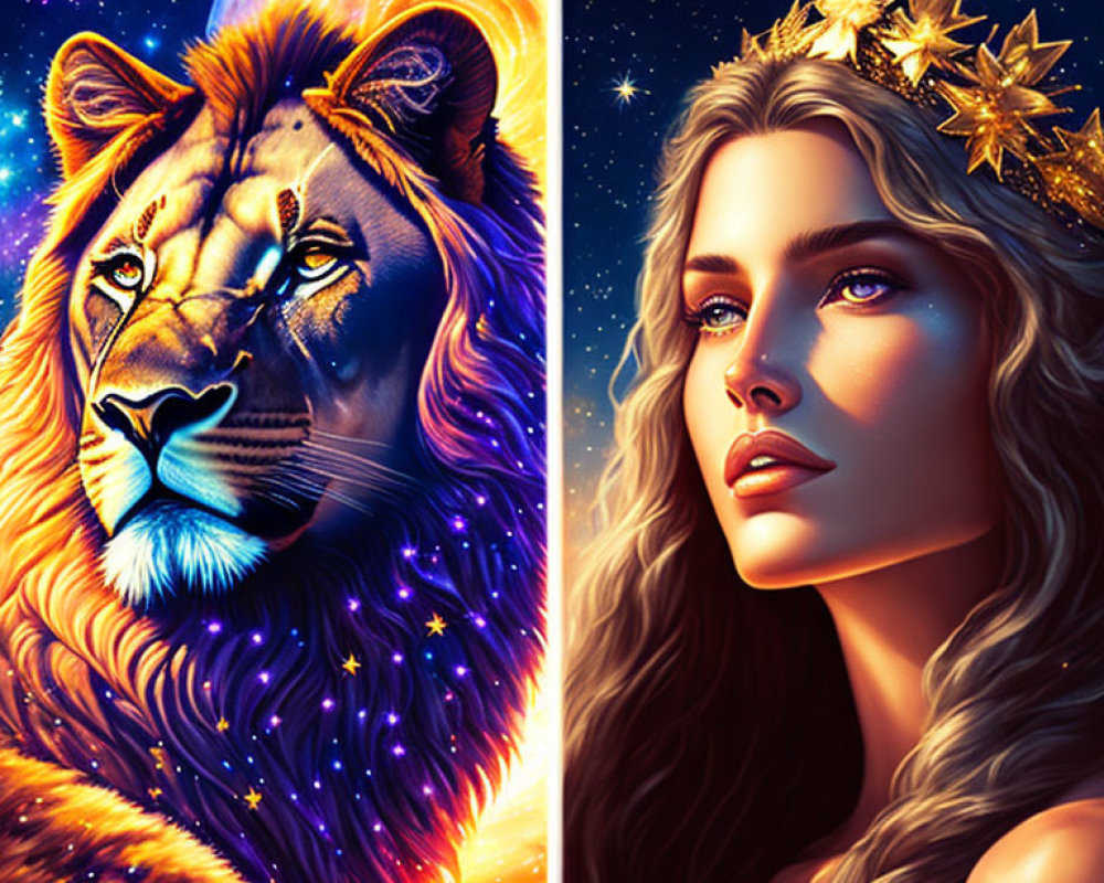 Majestic lion's head and regal woman with starry crown on cosmic backdrop