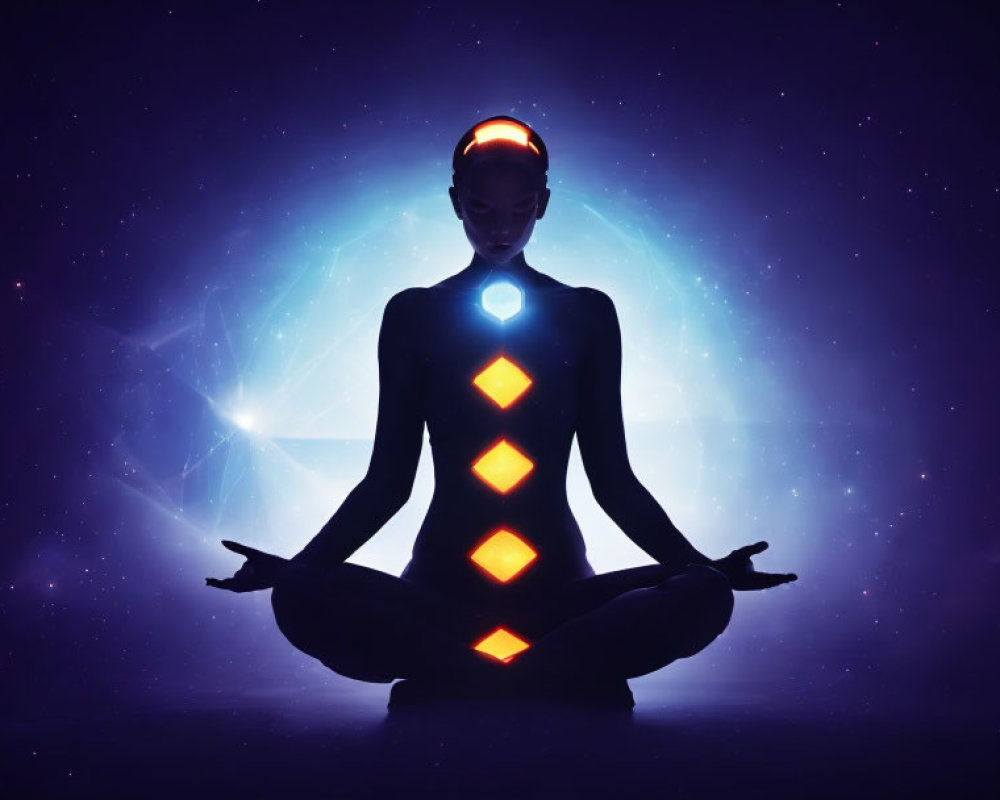 Person in meditative pose with seven glowing chakras against cosmic background