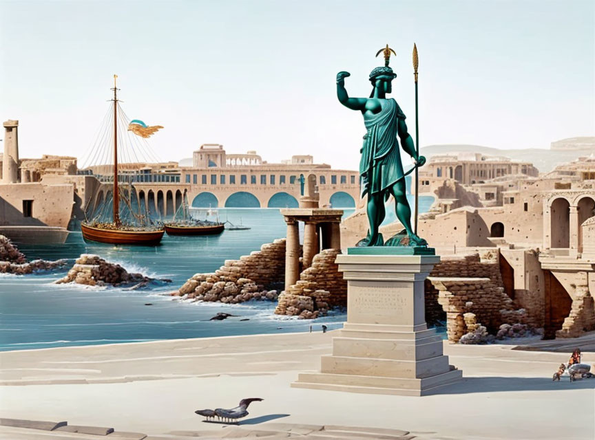 Ancient harbor with warrior statue, boats, and classical buildings