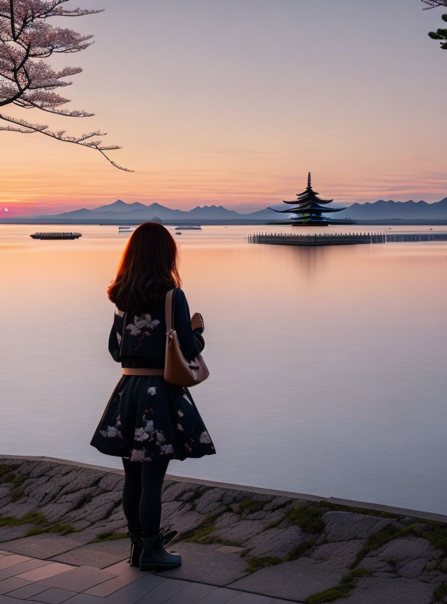 Woman admiring serene sunset over water with pagoda and mountains in distance