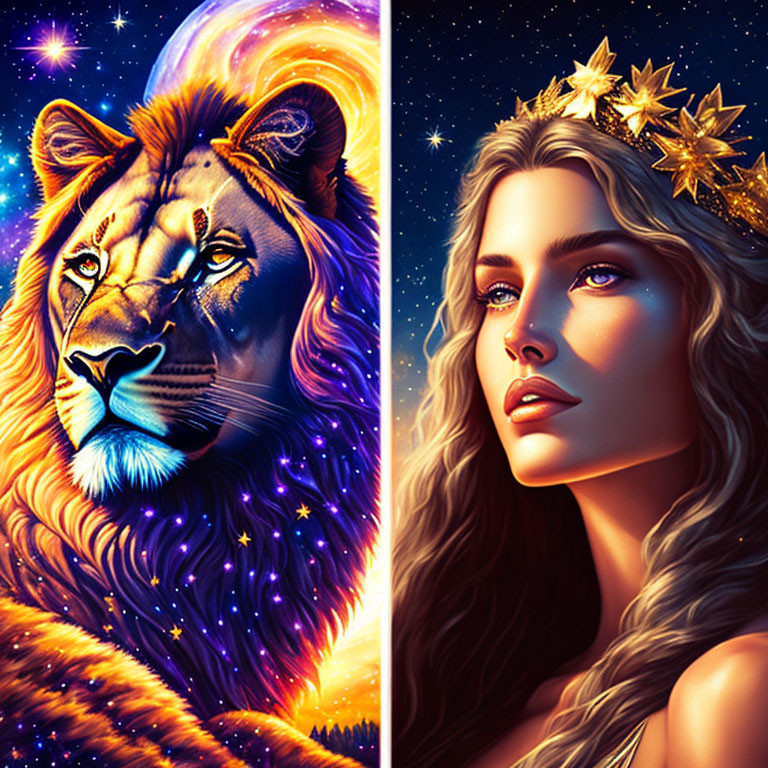 Majestic lion's head and regal woman with starry crown on cosmic backdrop