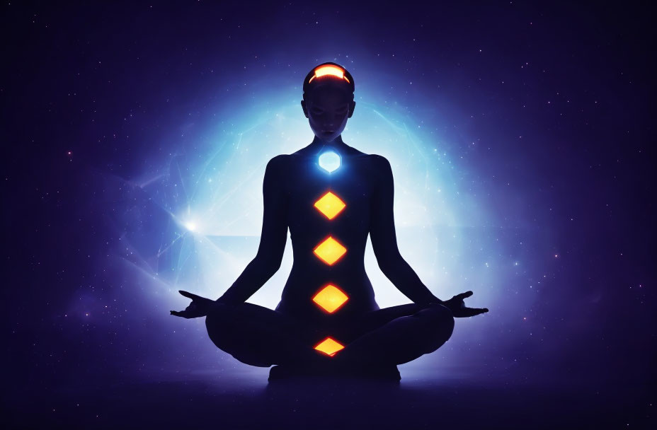 Person in meditative pose with seven glowing chakras against cosmic background