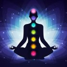 Person in meditative pose with seven glowing chakras against cosmic background