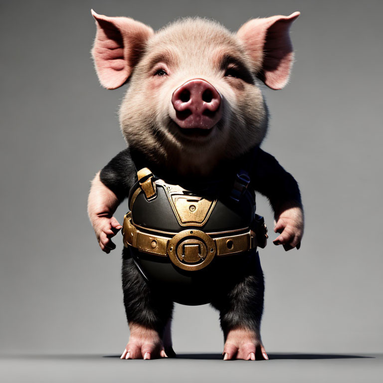 Smiling piglet with gold buckle belt on grey background