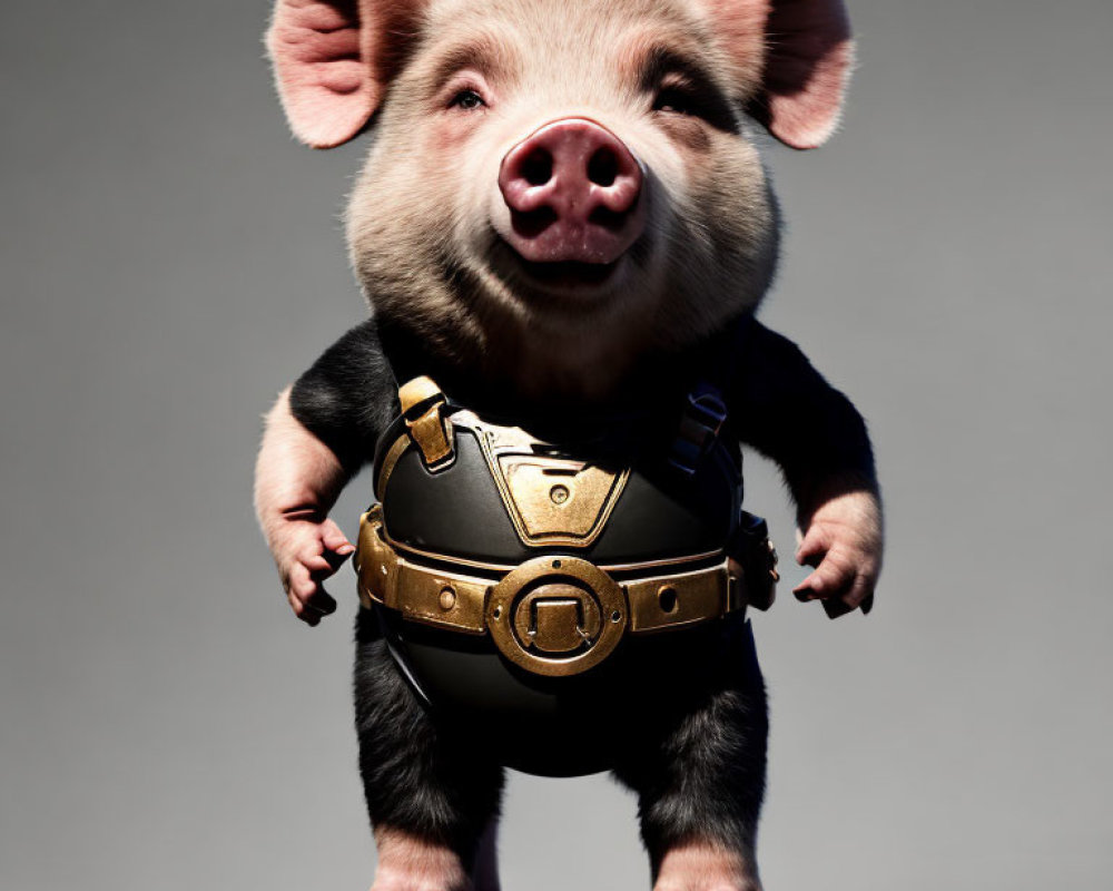 Smiling piglet with gold buckle belt on grey background