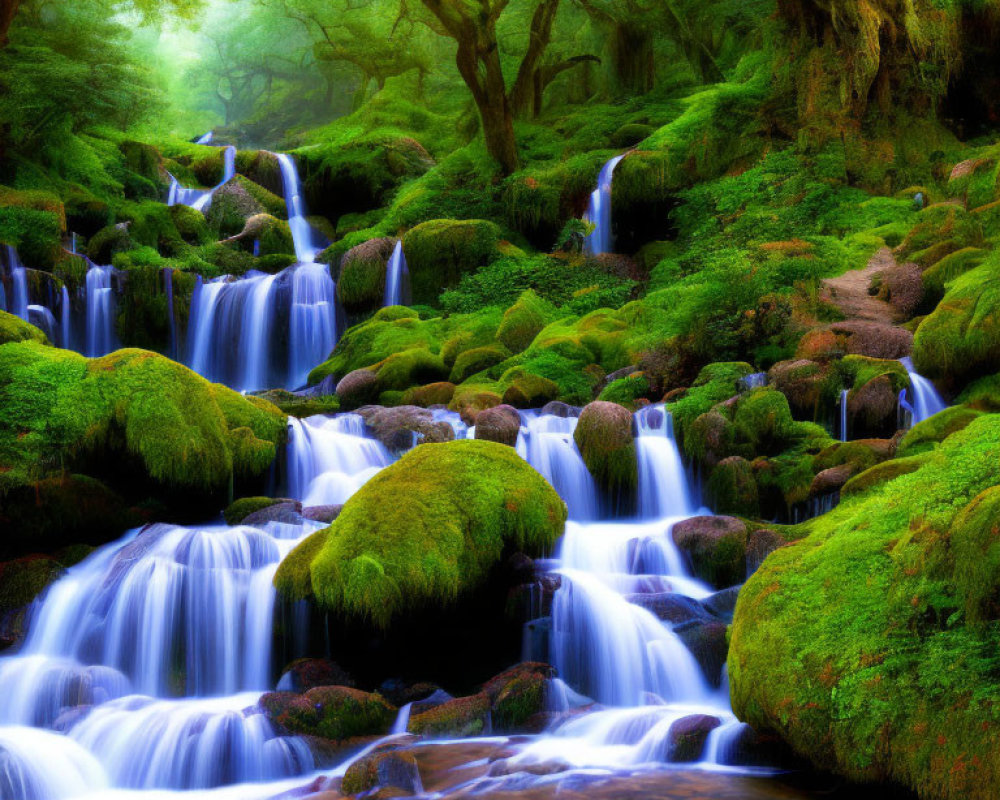 Lush forest scene with cascading waterfalls and moss-covered rocks