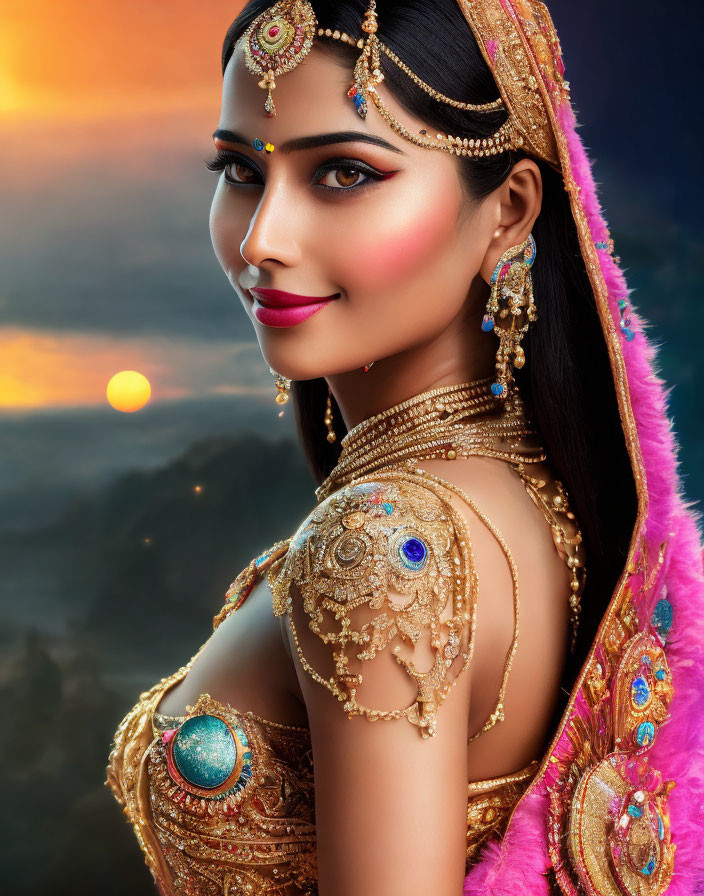 Traditional Indian Attire and Jewelry on Woman in Sunset Landscape