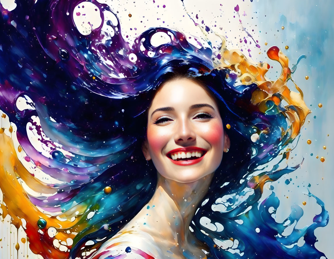 Colorful artwork: Smiling woman with flowing, vibrant hair