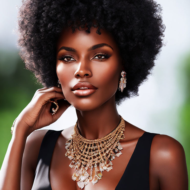 Woman with voluminous afro, gold earrings, and ornate necklace against green background